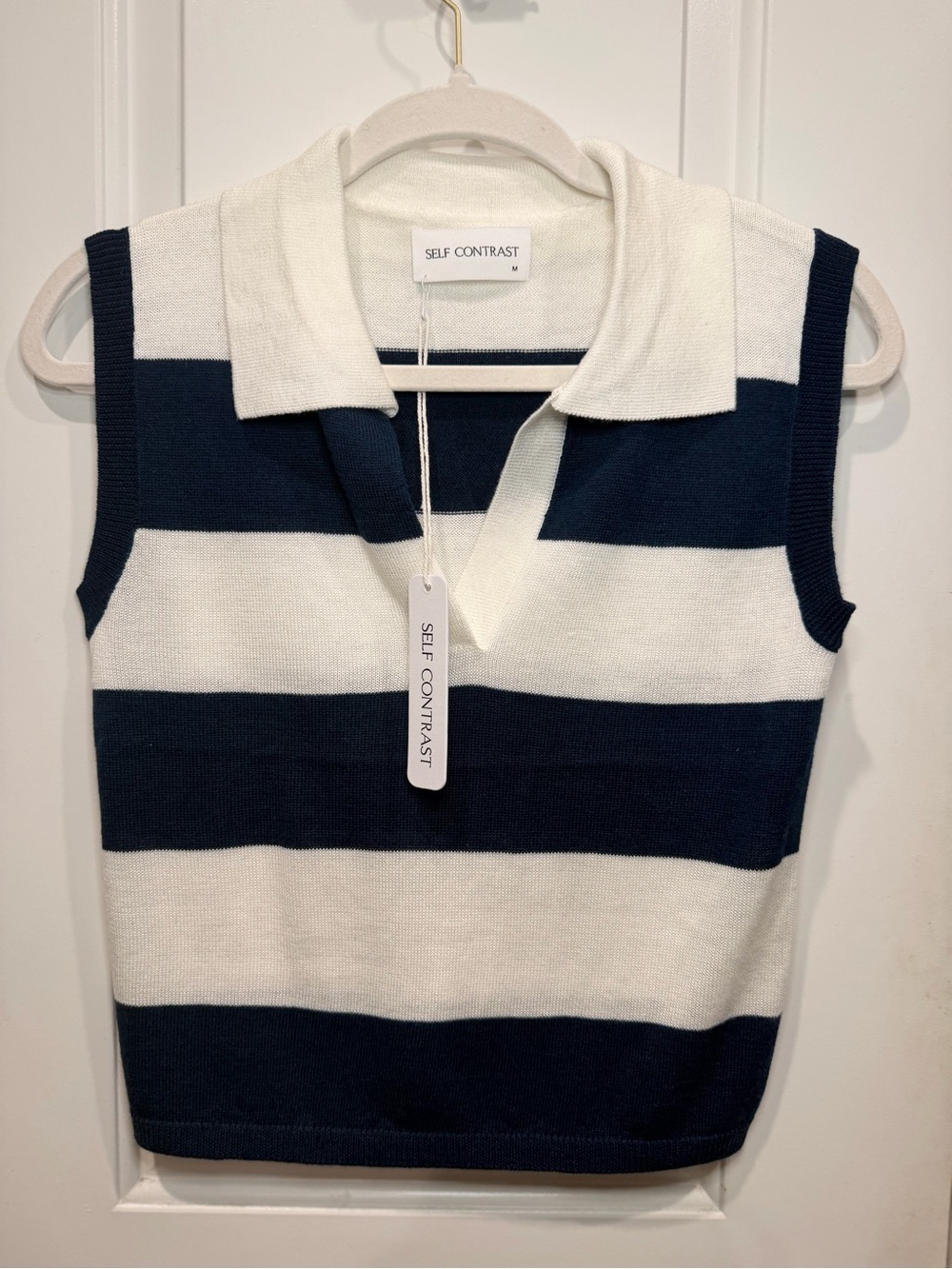 Anthropologie - SELF CONTRAST Navy & White Striped Sleeveless Polo Sweater